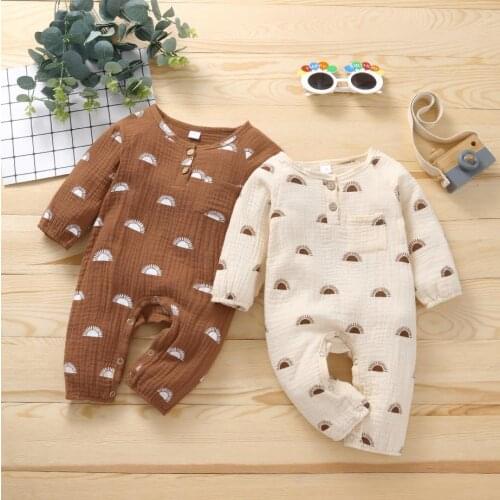 Spring Autumn Baby Girls Boys Button Jumpsuit Toddlers Creative Sun Printing Front Pocket Long Sleeve Round Collar Romper