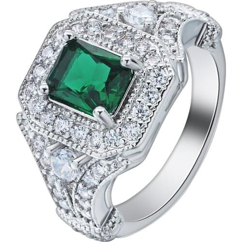Hainon Big Square Green Red Crystal Created Promise Wedding Silver Color Ring for Women Jewelry Micro Pave Setting Zircon Ring