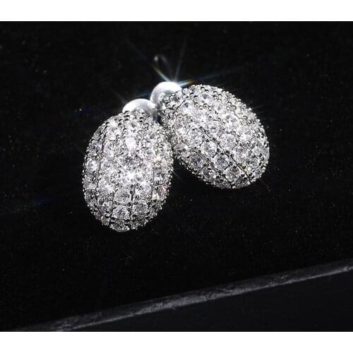 Huitan Luxury Full Paved Shiny CZ Stone Semiellipse Shape Women Stud Earring Elegant Lady Wedding Party Earrings Classic Jewelry