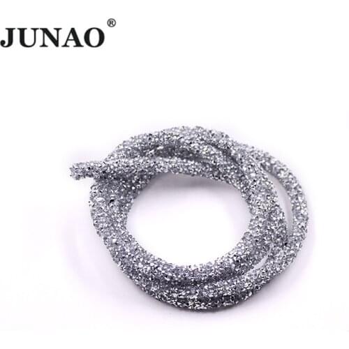 JUNAO 1 Meter Glitter Clear Silver Rhinestone Cord Chain Crystal Ribbon Trimming For DIY Clothes Bracelet Crafts