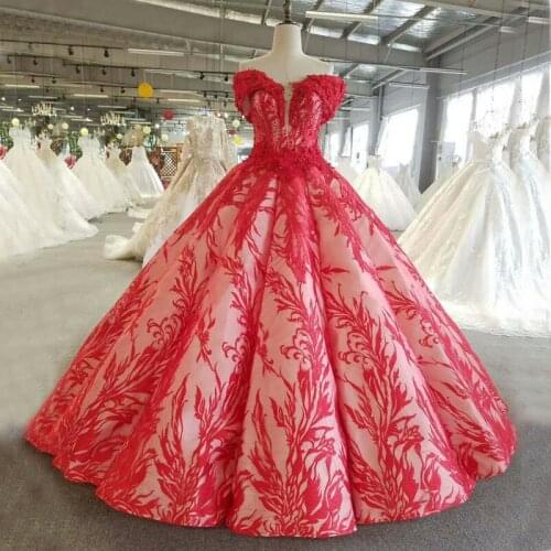 Red Lace Ball Gowns Evening Dresses for Women Wear Off Shoulder Real Photos Floor Length Engagement Event Formal Prom Party 2020