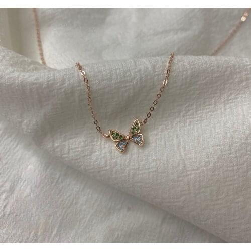 Fashion Simple Mini Butterfly Pendants Charm Women Inlay Blue Green Zircon Necklace Elegant Romantic Bride Wedding Jewelry