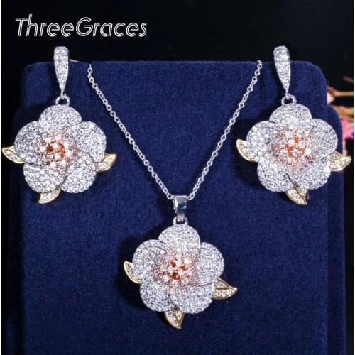 ThreeGraces Designer Multi Gold Color Cubic Zirconia Stone Geometric Flower Nacklace Jewelry Set for Best Friends Gift JS215