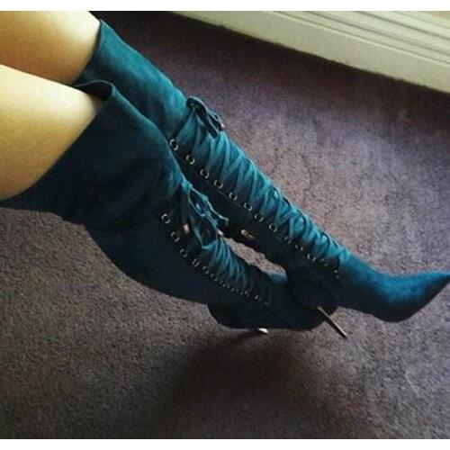 Sexy Women Peacok Green Suede Thigh Boots Thin High Heels Pointed toe Ladies Spring lace up Over the Knee Boots Knight Boots