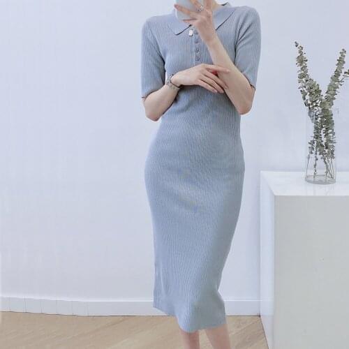 Vintage Summer Women Knitted Bodycon Dresses Turn-Down Collar Short Sleeve Sweater Mid-Calf Dress Casual Fashion Stretch Clothes