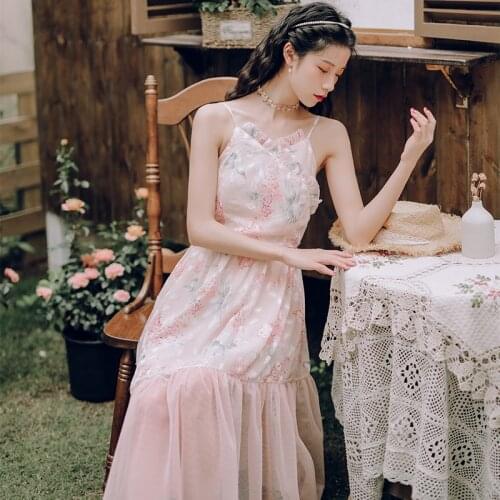 French Fairy Dress Women Summer 2021 Vintage Floral Suspender Dress Ladies Ruffled V-neck Sexy All-match Sweet Pink Vestido