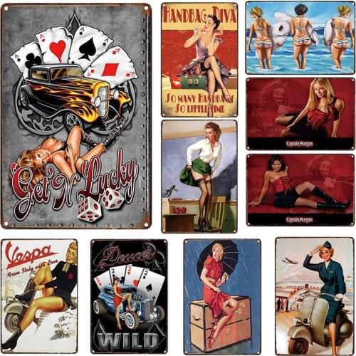 Ladys Poster Poker Pin up Girl Retro Vintage Decor Metal Tin Sign for Mancave Garage Club Bar Room Wall Decor