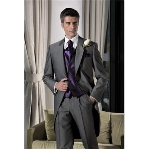 Grey Satin wedding Men Suit Formal Skinny Stylish Male Blazer Party Custom Tuxedo 3 Piece Vestidos Mens Suits Masuclino