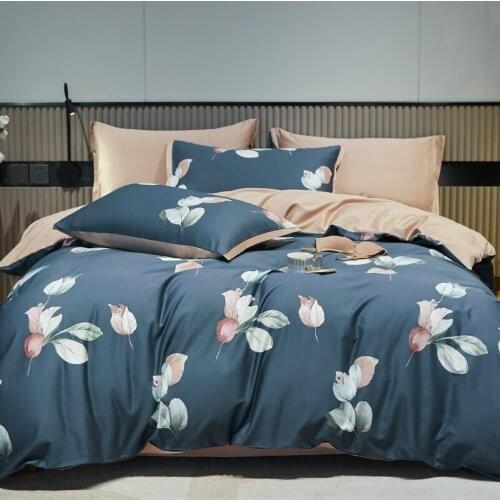 Blue Flowers 60S Long Staple Cotton Duvet Cover Bed Linen Fitted Sheet Pillowcases Bedclothes King Queen Size 4PCS