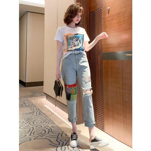 Stylish Cool Color Patch Hole Lazy Slimming Washed Denim (Ankle-Length Pants) Womens Fashion Summer New Style