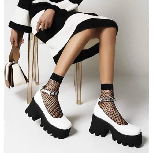 2021 Spring and Autumn Fashion Simple and Generous Casuals High Heels Wedge Round Head Iron Chain Buckle Stylish Lay Shoes Pumps