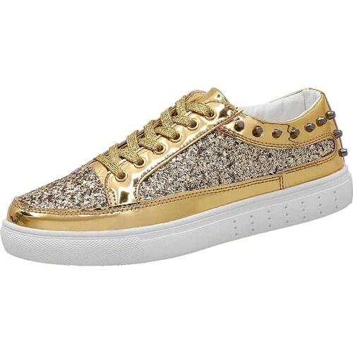 Spring Autumn Unisex lace up bling Squine Rivet shoes Male Gold Silver Rivet Men Super cool Shoes Couple Glitter Flats
