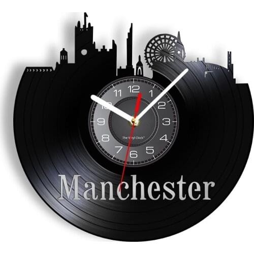 Manchester Skyline Vinyl LP Record Wall Clock Office Decor City In Northwest England Landmarks Cityscape Shadow Art Timepieces