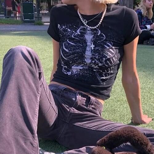 2021 Fashion Trend Gothic Punk Print T-Shirt Women Short Sleeve Crew Neck Slim Fit Crop Top Harajuku Sexy Summer Tee Streetwear