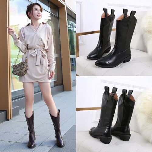 Koovan Womens Boots 2020 New Trend Winter Middle Tube Semi-High Heeled Chunky Heel Pointed Retro Cowboy Knight Boots For Women