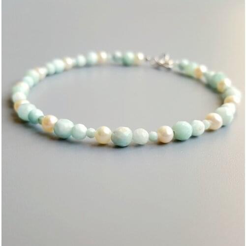 LiiJi Unique Natural Larimar Freshwater Pearl Bracelet 925 Sterling Silver Delicate Bracelet For Women Jewelry Gift
