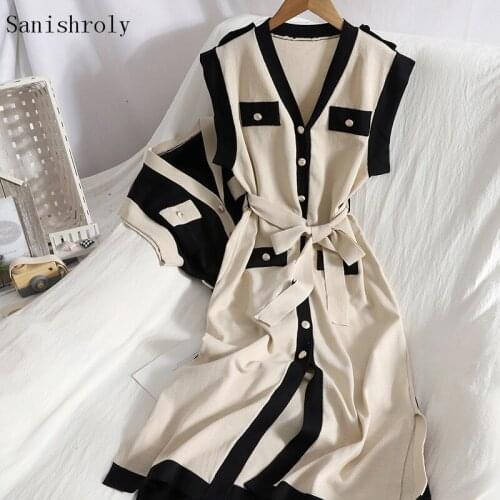 Sleeveless Tank Dress 2021 Autumn Women V Neck Single-breasted Split Knitted Dress Female Tie Bow Long Sweater Dresses With Belt