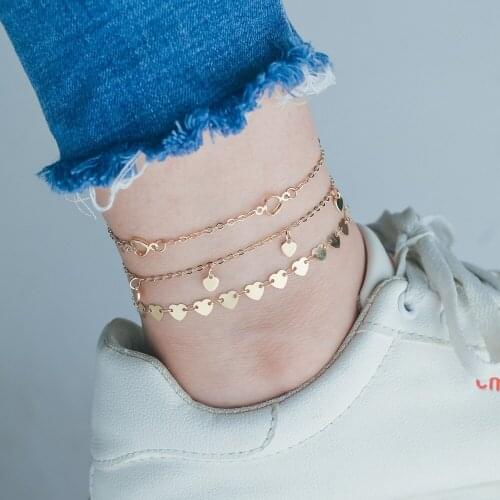 Gold Three Heart-shaped Metal Geometric Pendant Anklet Boho Summer New 2020 Beaded Multi-layered Beach Handmade Anklet Jewelry