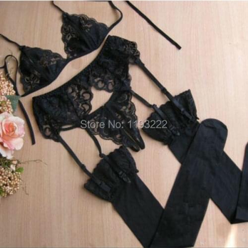 1 Set=4pcs) Sexy Hollow Bra+Floral Garter Belt Suspenders+Thong Underwear+Fishnet Lace Floral Top Thigh High Stockings