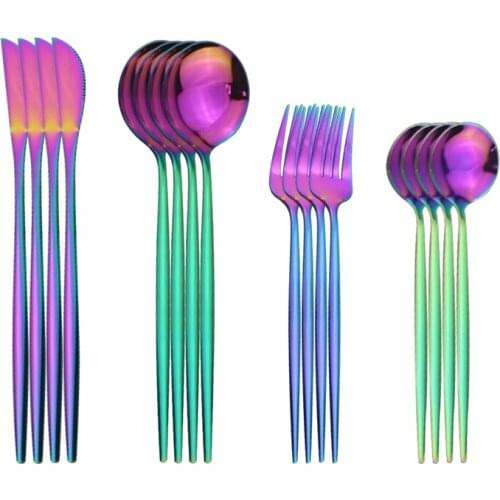 16pcs Rainbow Knife Forks Dessert Spoons Stainless Steel Flatware Home Kitchen Tableware Silverware Set Dinnerware Cutlery Set