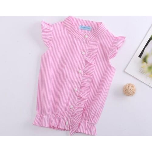 2019 Summer New Baby Girl Clothes Fashion Blouses For Girls Pink Pinstripe Small Flying Sleeve Shirt