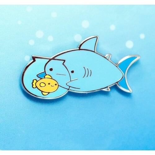 Cute Shark with a Goldfish Bowl Brooch Pins Enamel Metal Badges Lapel Pin Brooches Jackets Jeans Fashion Jewelry Accessories