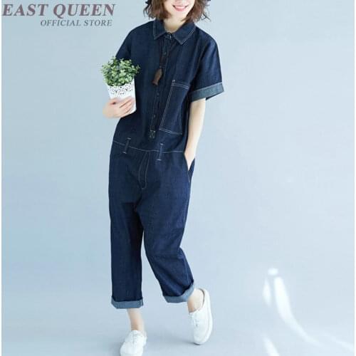 Jean Jumpsuit For Ladies Summer Short Sleeve Overalls Playsuit Female Pocket Loose Casual Denim Women Dungarees AA4902