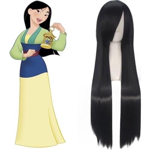 Mulan Cosplay Wig 80cm Black Long Straight Princess Women Girls Synthetic Hair + Wig Cap