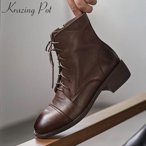 Krazing Pot comfortable cow leather fashion square heel round toe zip winter shoes lace up concise brand cozy ankle boots L1f1