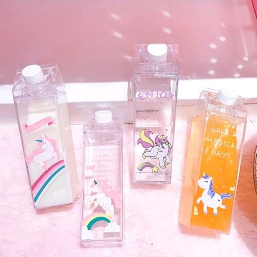 500ml unicorn Creative Plastic Clear Milk Carton Water Bottles Cute Cartoon Plastique Transparent Milk Box BPA Free Water Cups