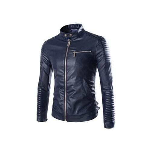 Mens Long Sleeve Coat Navy Blue Elbow Support Faux Leather Jacket Motorcycle PU Leather Stand Collar Oversized Biker Jacket Male