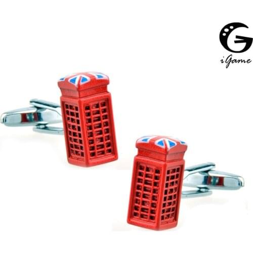 IGame Mens Fashion Cuff Links Brass Telephone Booth Design Union Jack Decoration Call Box Cufflinks Free Shipping