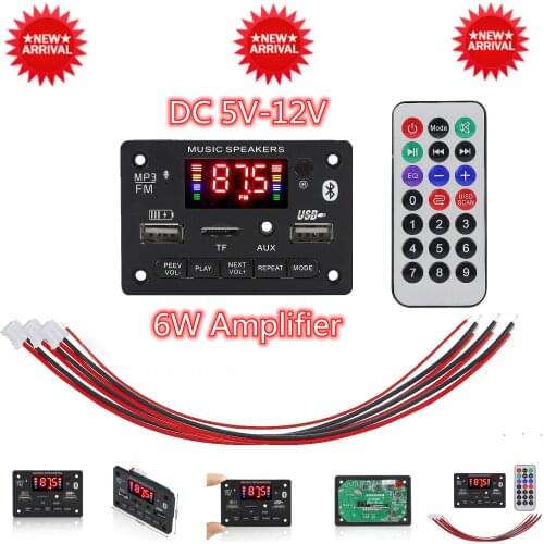 2021 New 6W Amplifier MP3 Decoder Board DC 5V 12V Audio Module TF FM Radio Recording Wireless Handsfree with USB Por