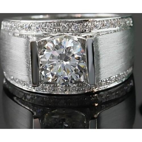 Solid 14K White Gold AU585 Mens Ring 1CT Round Diamond Wedding Ring For Men D Color VVS1 Brilliant Forever