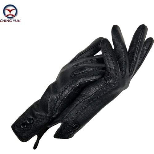 CHING YUN 2020 New Womens Gloves Winter Genuine Leather Buckskin Woman 70% wool knit lining Female Side button fashion Mittens