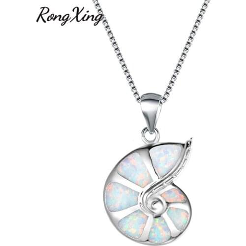 RongXing White/Green/Purple/Orange Fire Opal Conch Pendants Necklaces for Women Silver Color Birthstone Necklace
