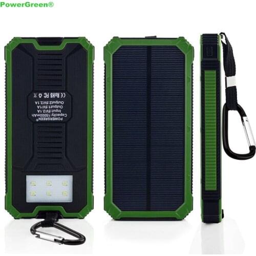 PowerGreen Solar Battery Charger 15000mAh Double Output Solar Powerbank Battery Pack for LG Phone with Carabiner Design