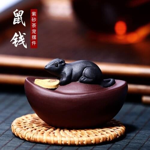 Purple sand sculpture decoration money bag mouse tea pet tea play decoration generation money gold coin money mouse