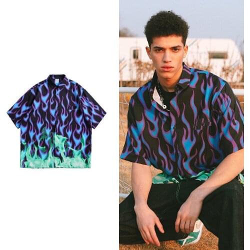 Cool Summer Hip Hop Flame Shirts Men Oversize Shirts Homme Japanese Mens Shirts Short Sleeve Shirt Streetwear Men Blouse Tops
