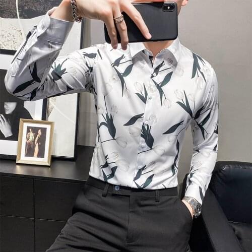 Slim Fit Business Dress Shirts Social Party Chemise Homme Streetwear Men Camisa Masculina Men Floral Print Long Sleeve Shirts