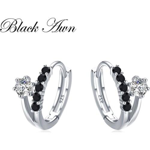 [BLACK AWN] Genuine 3.5g 925 Sterling Silver Earrings Hoop Earrings for Women Black Spinel Silver 925 Jewelry I109