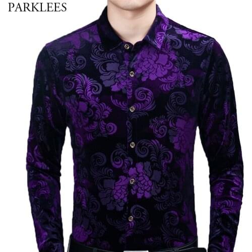 Stylish Purple Floral Dress Shirt Men 2020 Brand New Slim Fit Velvet Velour Shirts Mens Casual Long Sleeve Button Down Chemise