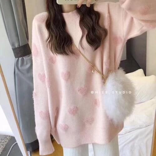 Korean Version Of Mink Velvet Round Neck Love Printed Sweater Loose And Warm Lazy Style Knitted Wild 2021 Spring And Autumn New