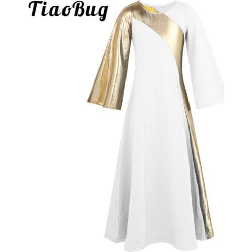 TiaoBug Kids Girls Asymmetrical Bell Sleeves Metallic Dance Robe Festival Rave Ballet Dress Contemporary Lyrical Dance Costumes