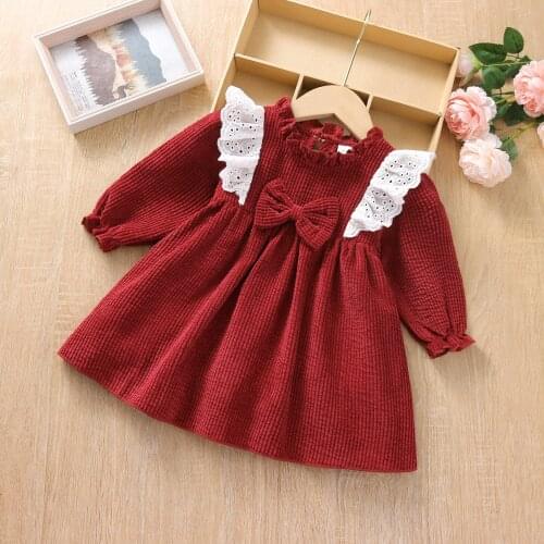 3 months-3 years old baby girl / girl dress bow Lantern Sleeve White Ruffle round neck red casual childrens dress 100%polyester