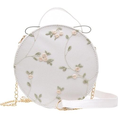 Women Embroidery Flowers Shoulder Bag Leather Handbags Round Hand Tote Bag New