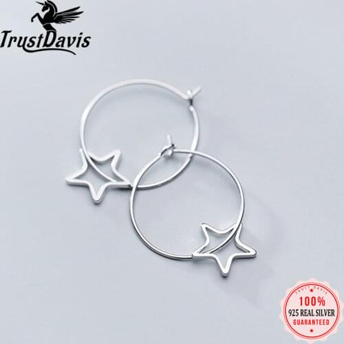 Trustdavis Genuine 925 Sterling Silver Cute Sweet Hollow Star Charm Hoop Earrings For Women Sterling Silver Jewelry Gift DS1875