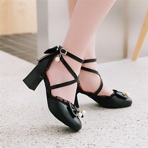 YMECHIC Cute Bowtie Block High Heel Ankle Cross Strap Party Lolita Shoes Pink White Black Women Pumps New Arrival 2019 Summer
