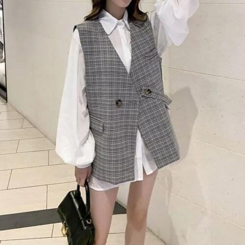 Women Blazer Vest Korean Casual Plus Size Sashes Plaid Vintage High Street England Loose Belt Female Waistcoat New Outerwear