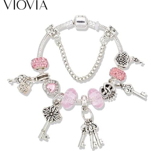 VIOVIA New Arrivals Bracelets Lock & key Charm Bracelet for Women Pink Crystal beads Bracelets & Bangles DIY Jewelry B19035